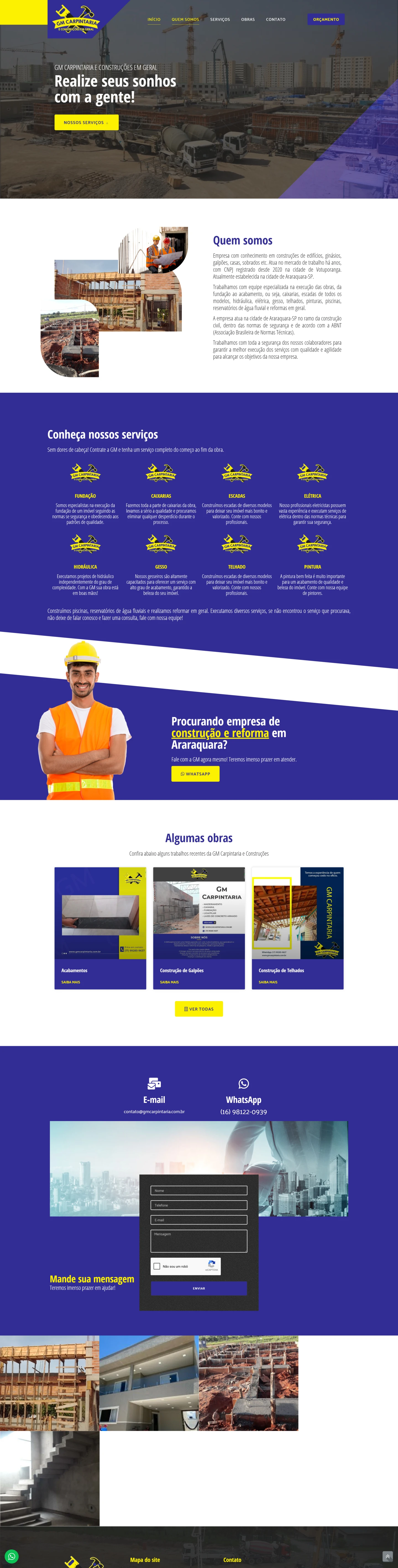Interface do site profissional da GM Carpintaria com destaque para serviços de construção civil e carpintaria.