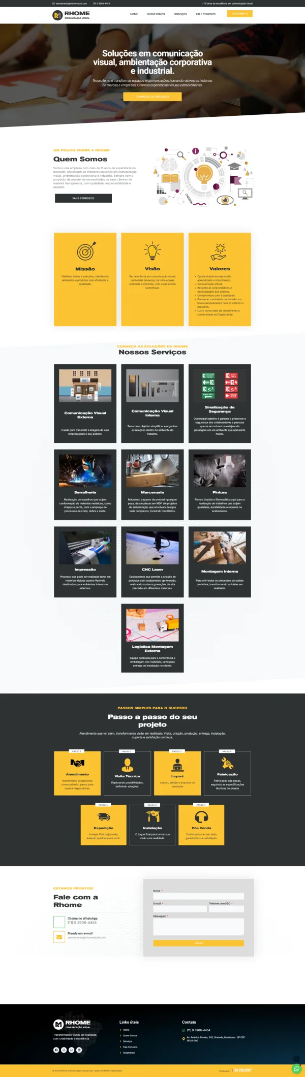 Interface de site para empresa de comunicação visual exibindo seções de serviços e passo a passo do projeto.