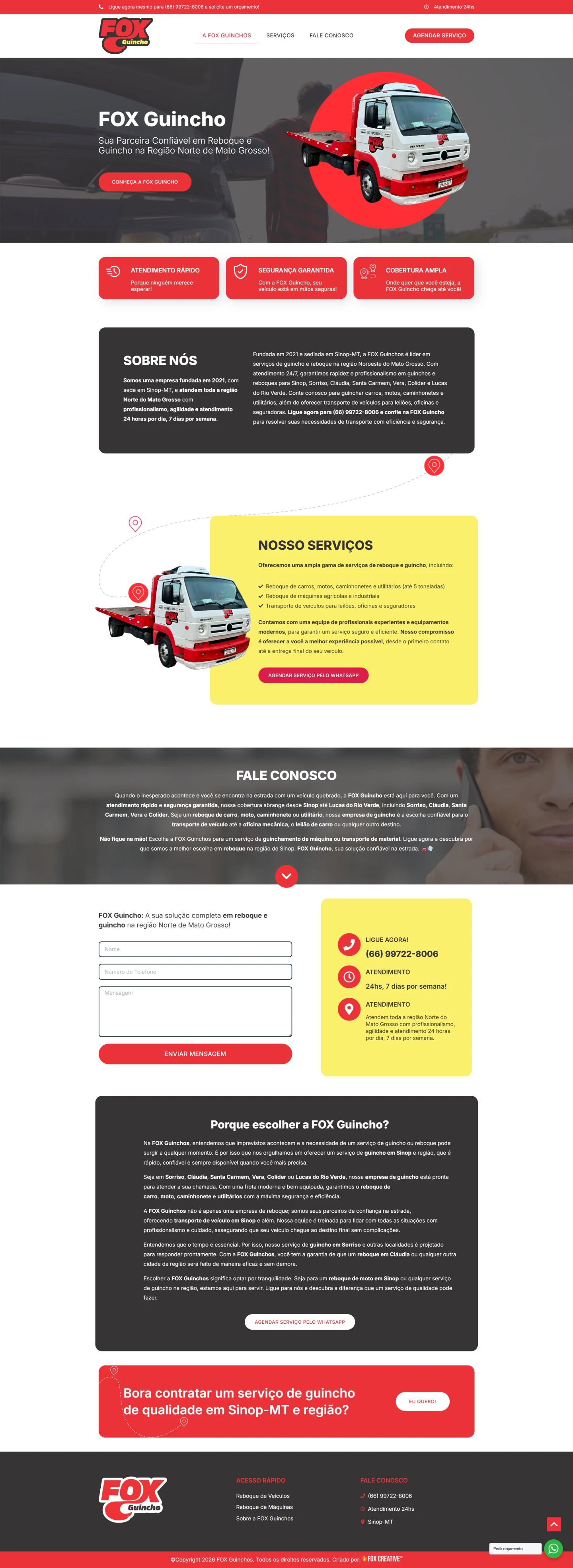 Interface do site Fox Guincho exibindo layout responsivo com botão de contato rápido e serviços de reboque 24h.