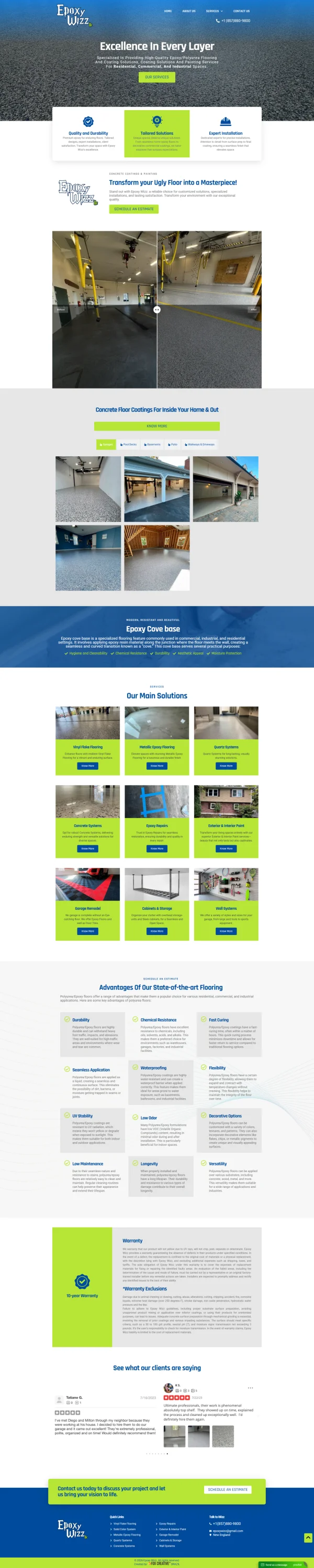 Interface de site profissional para empresa de pisos epóxi EpoxyWizz demonstrando design moderno e foco em conversão.