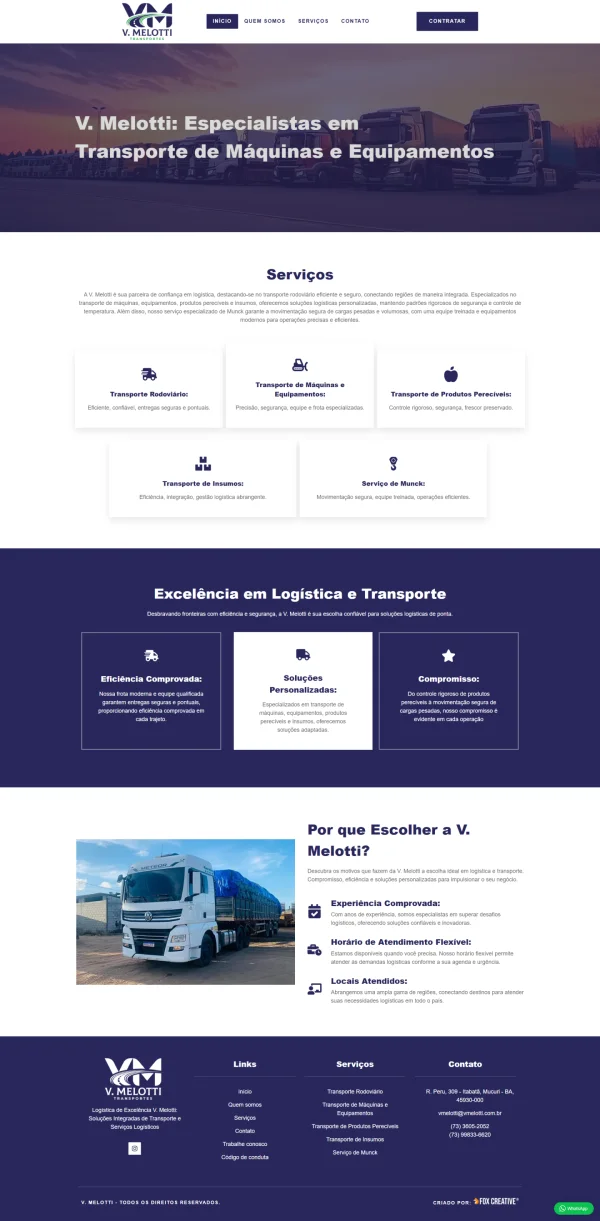 Interface do site da V. Melotti Transportes demonstrando layout limpo e profissional para o setor de logística.