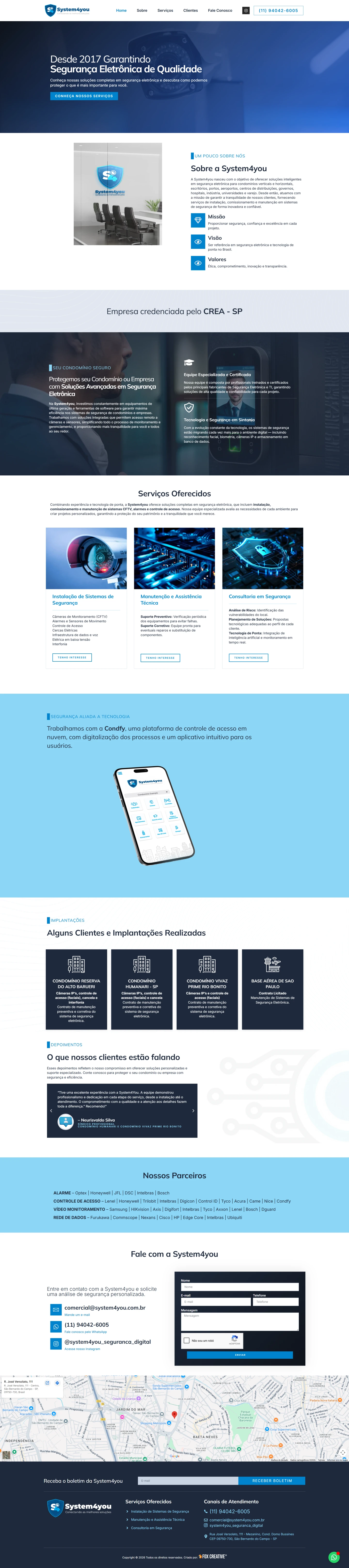 Interface de site profissional para empresa de segurança eletrônica System4you destacando responsividade.