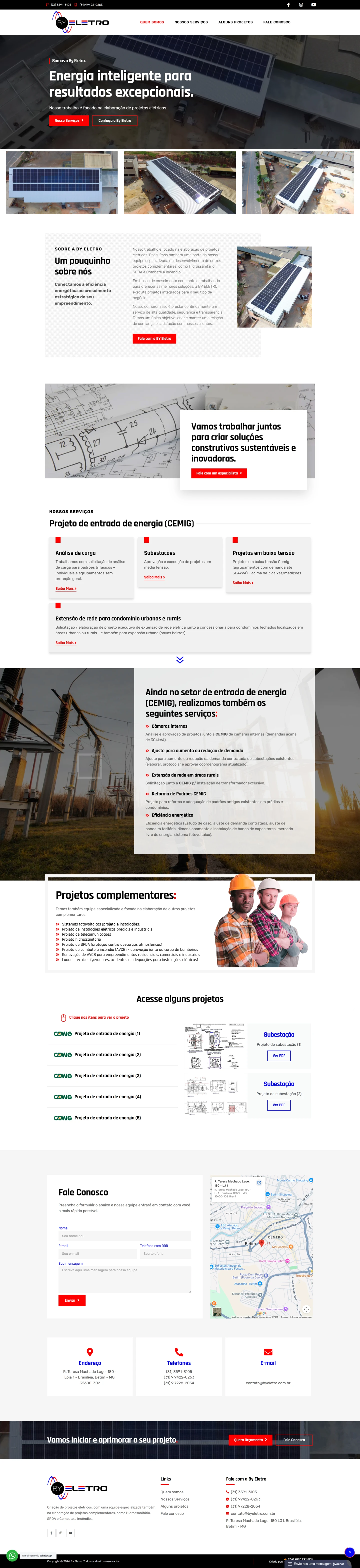 Interface do site By Eletro mostrando projetos de energia solar e serviços de engenharia elétrica com design responsivo.
