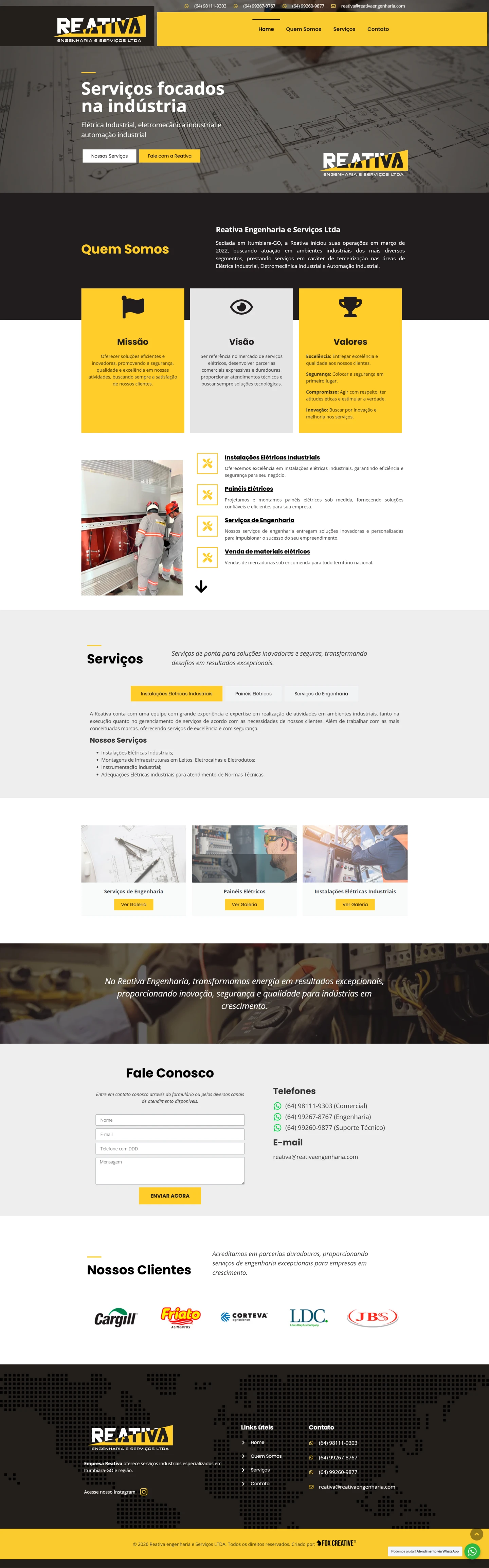 Interface do site profissional da Reativa Engenharia mostrando layout responsivo e design industrial.