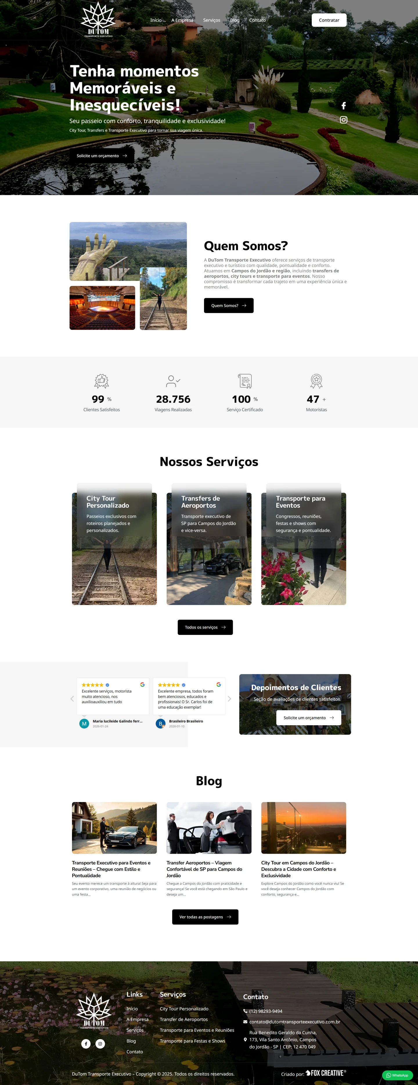 Interface do site Dutom Transporte Executivo exibindo carros de luxo e layout focado em turismo executivo em Campos do Jordão.