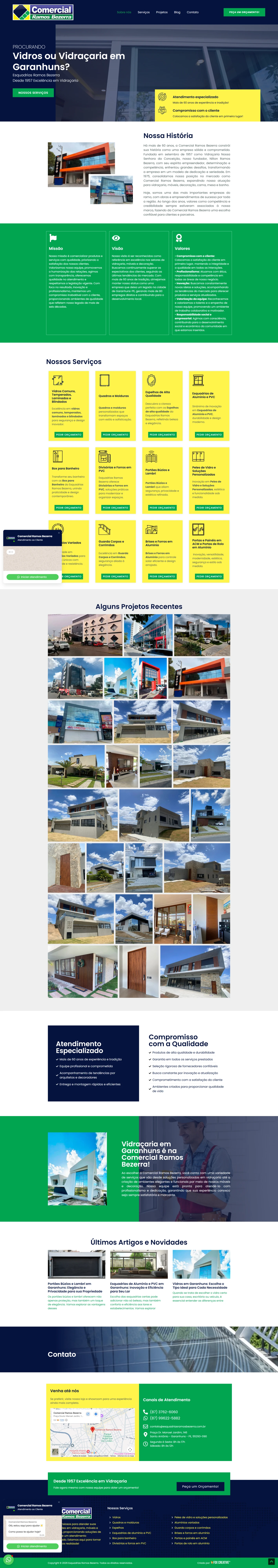Interface do site da Vidraçaria Ramos e Bezerra exibindo portfólio de esquadrias em layout responsivo.