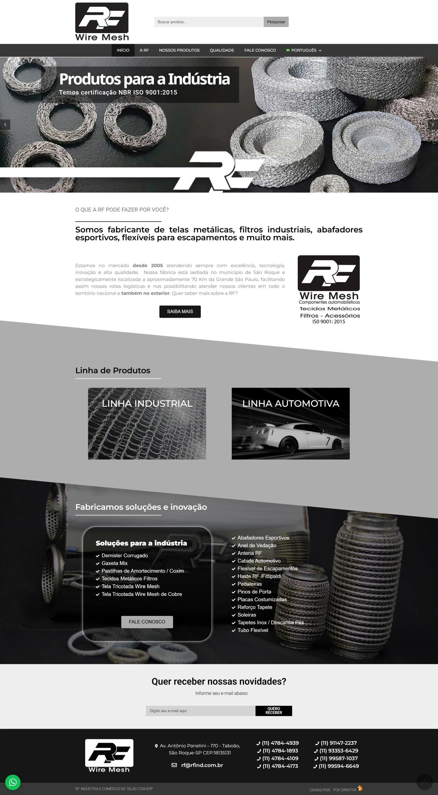 Interface do site profissional da RFIND Peças Automotivas exibindo layout responsivo e design moderno.