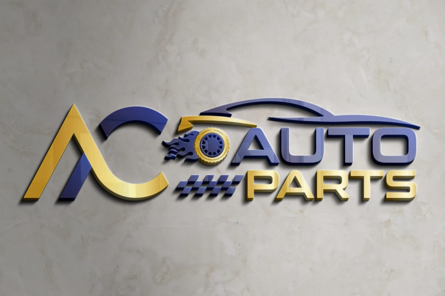 Logotipo moderno AC Auto Parts em relevo 3D azul e dourado sobre fundo texturizado — Criação de logo automotivo.