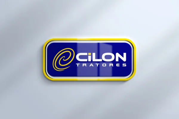 Logomarca da Cilon Tratores em placa azul com moldura amarela, criação de logo pela Fox Creative