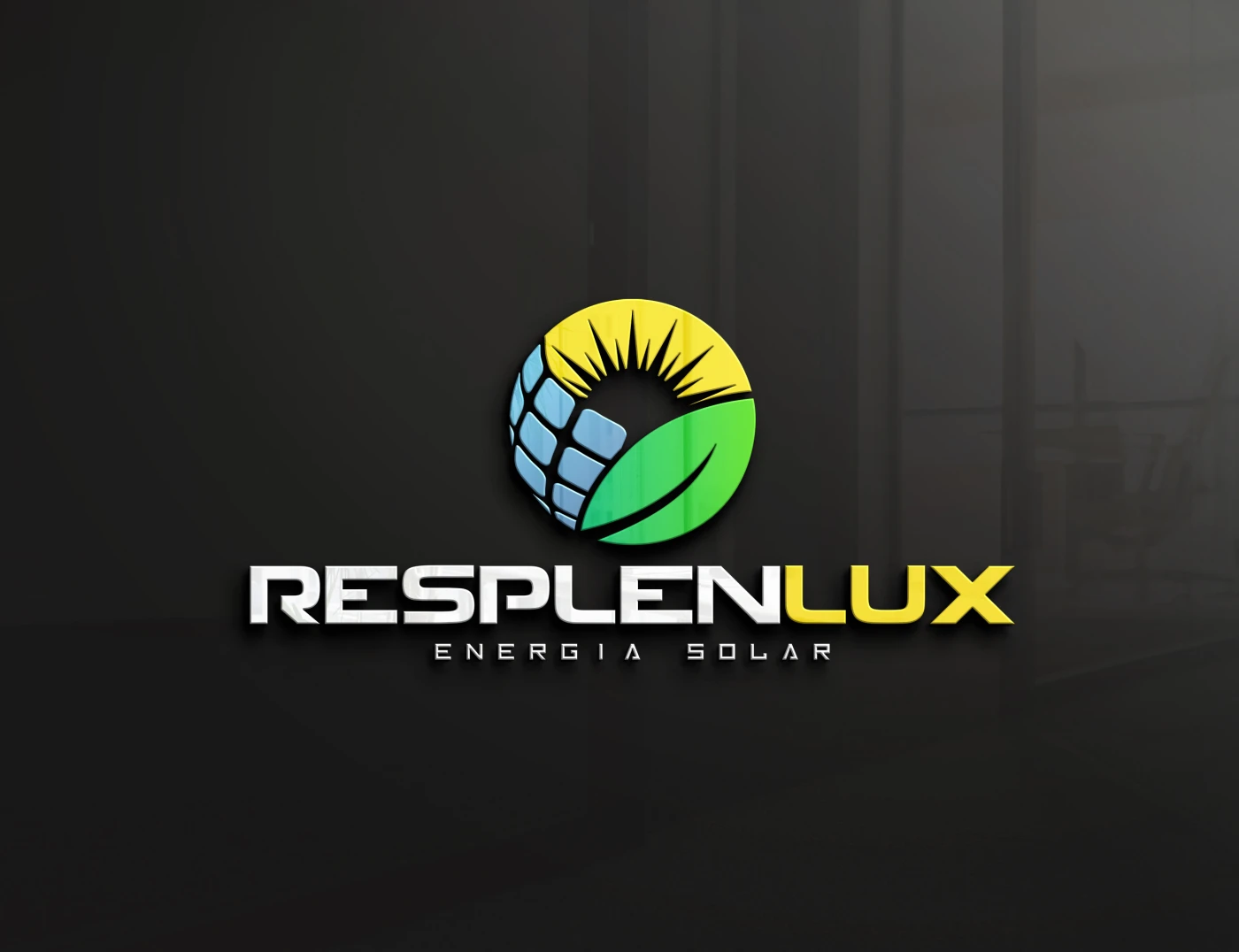 Logotipo moderno da empresa de energia solar ResplenLux em fundo contrastante, demonstrando conceitos de energia e tecnologia.
