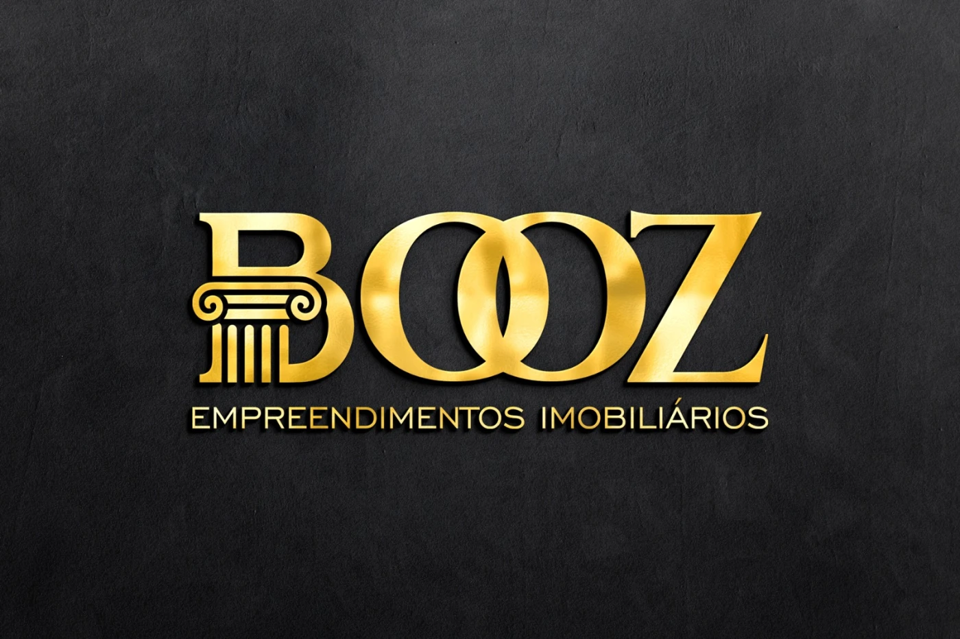 Logotipo dourado da Booz Empreendimentos Imobiliários com ícone de coluna grega sobre fundo escuro.