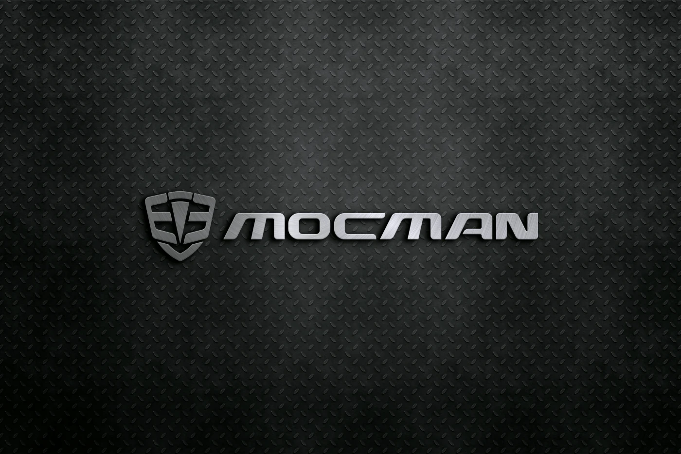 Logotipo MOCMAN em metal escovado estilo escudo para empresa de importação automotiva e logística.