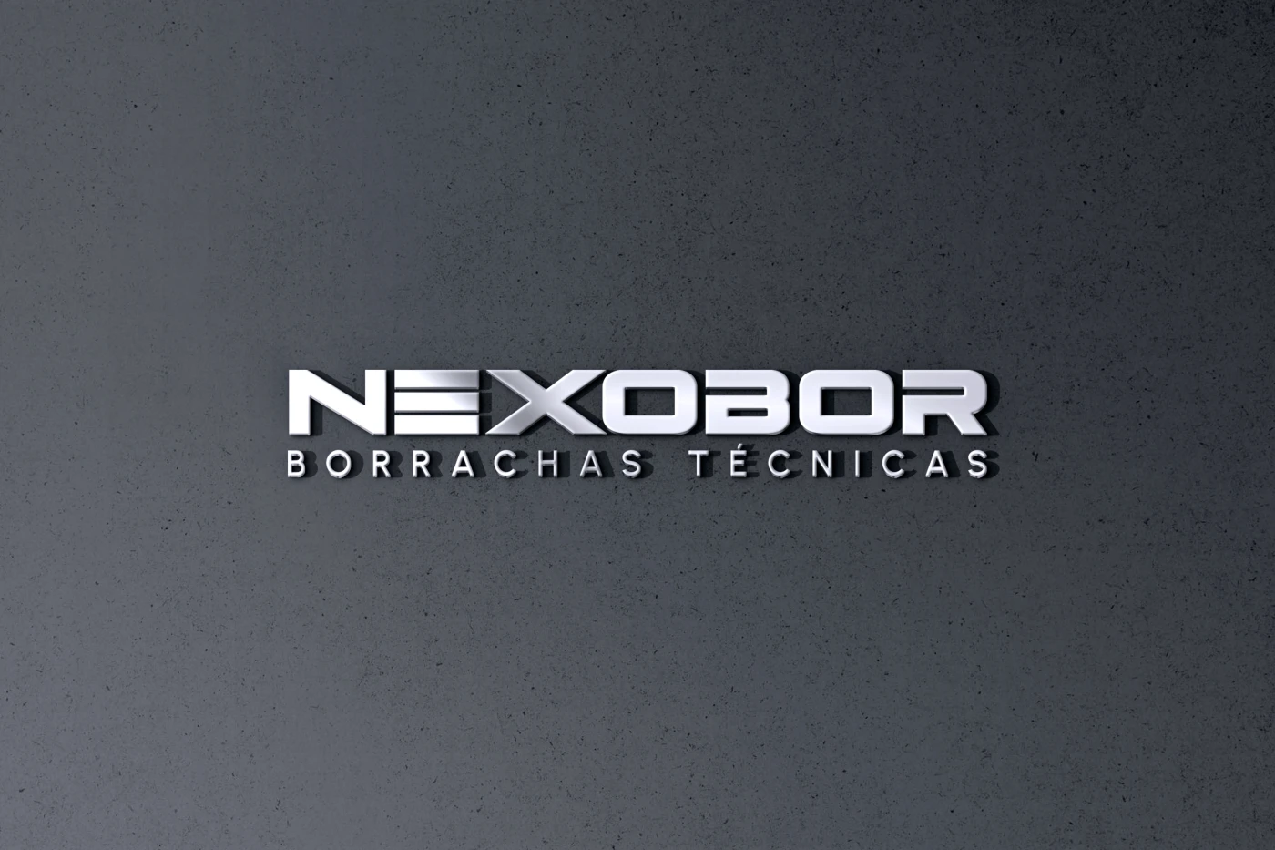 Logomarca Nexobor Borrachas Técnicas com acabamento metálico industrial e tipografia robusta.