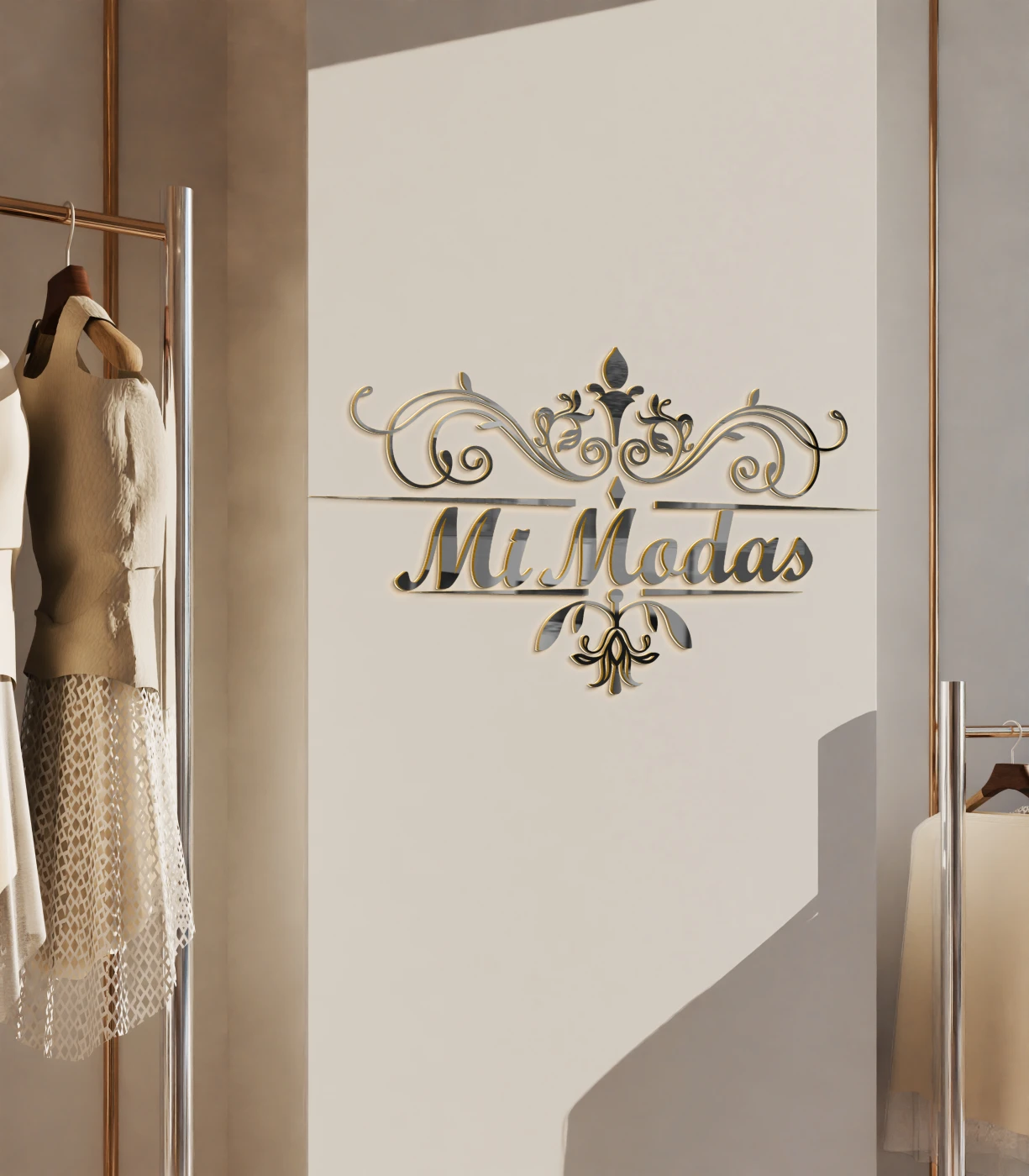 Logo da MiModas em dourado com ornamentos clássicos e tipografia cursiva elegante.