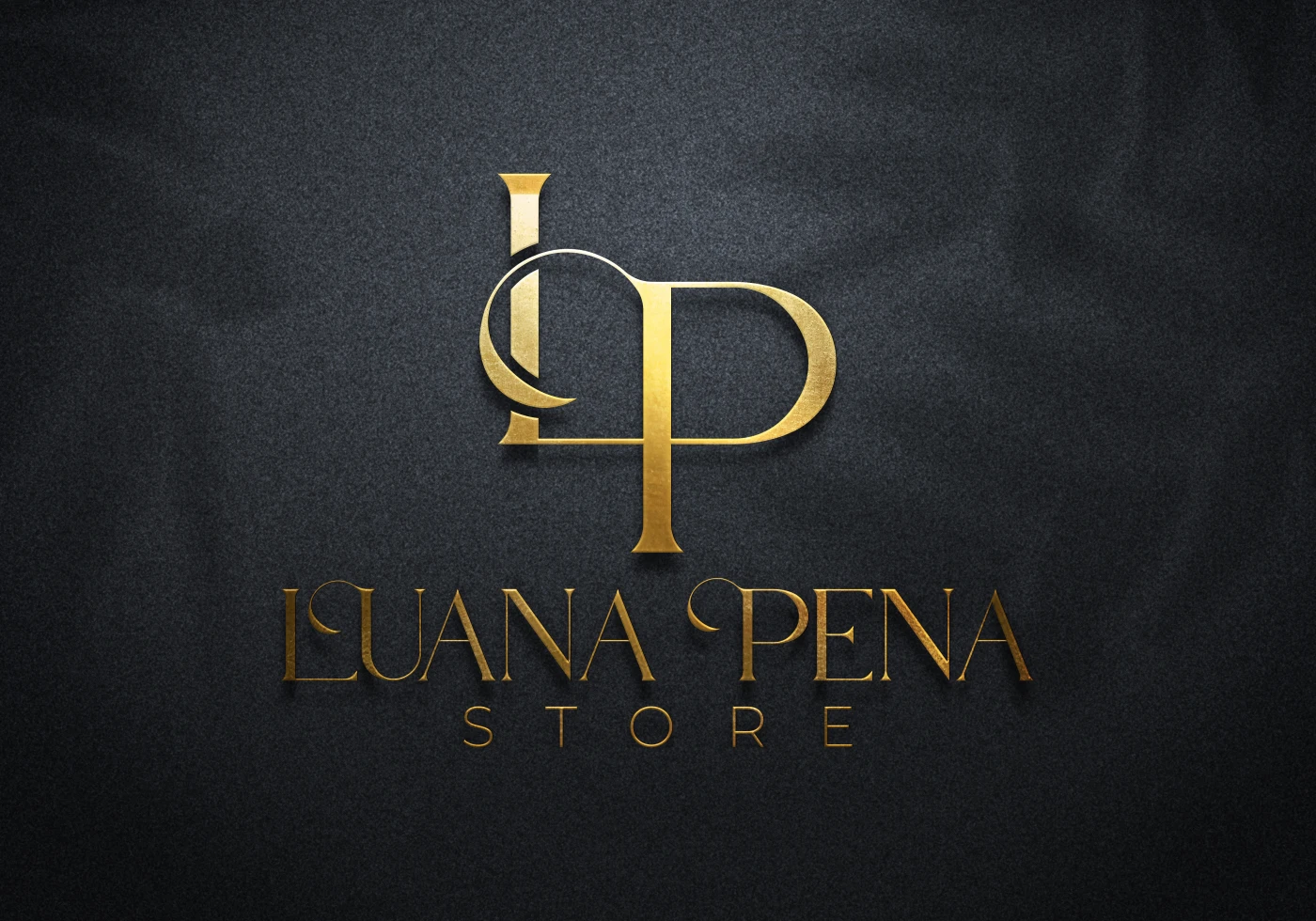 Logo premium dourado da Luana Pena Store com monograma LP sobre fundo escuro texturizado, focado em identidade visual para varejo.