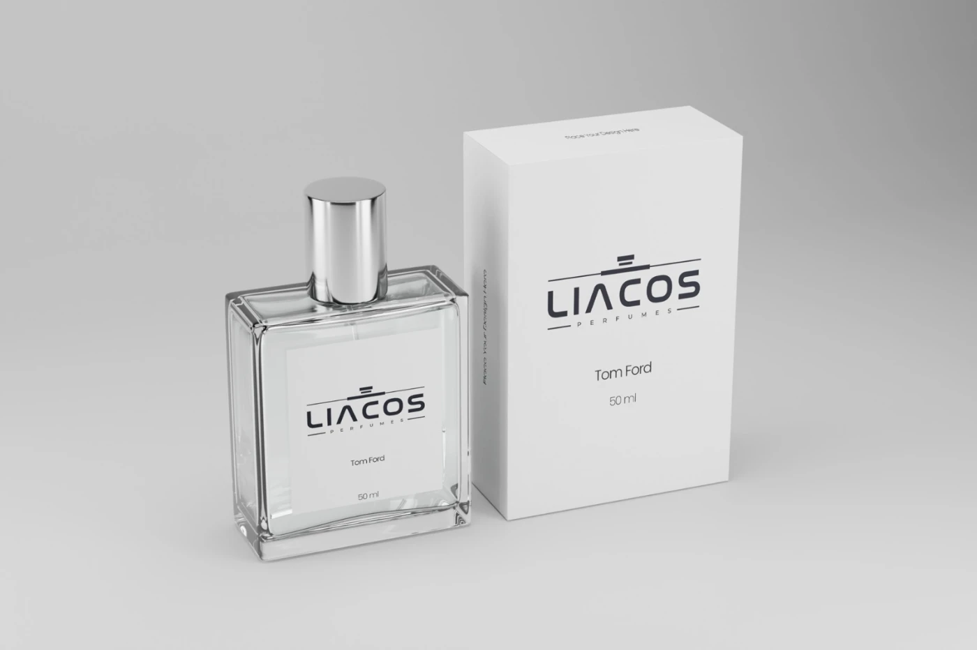 Design de logo minimalista para Liacos Perfumes aplicado em frasco de vidro e embalagem branca.