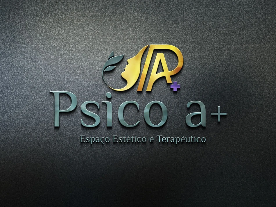 Logotipo dourado da Psico a+ Espaço Estético e Terapêutico em relevo sobre fundo cinza texturizado.