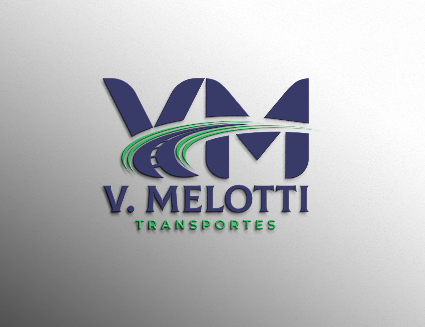 Logotipo da V. Melotti Transportes em tons de azul e verde com símbolo de estrada integrando as letras VM.
