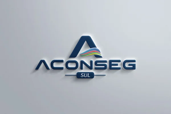 Logomarca ACONSEG Sul — identidade visual institucional em azul marinho com símbolo de letra A e faixas coloridas para associação de consultoria de seguros do RS
