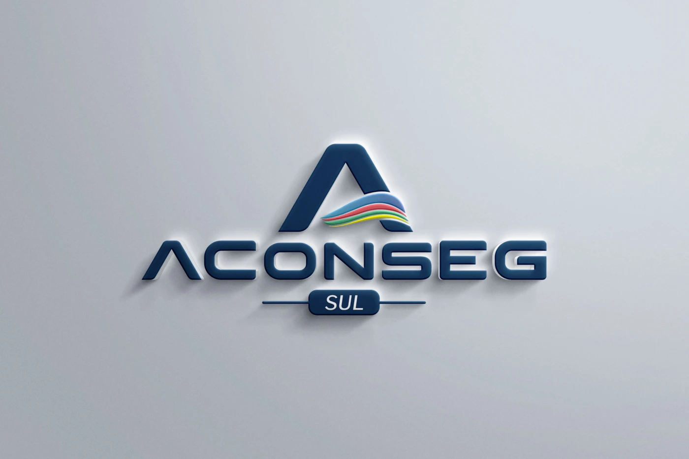 Logomarca ACONSEG Sul — identidade visual institucional em azul marinho com símbolo de letra A e faixas coloridas para associação de consultoria de seguros do RS