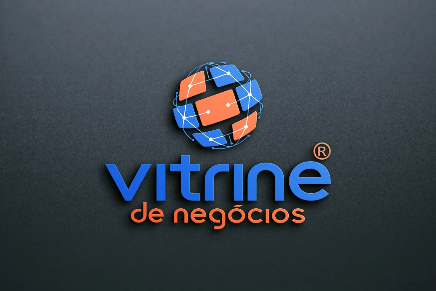 Logomarca Vitrine de Negócios aplicada em parede escura com efeito 3D, mostrando símbolo de globo conectado nas cores azul e laranja.