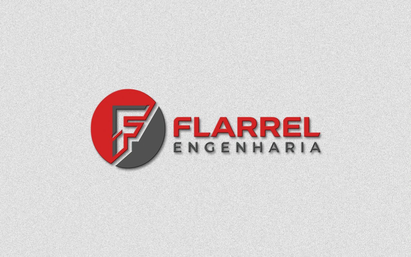 Logomarca da Flarrel Engenharia com símbolo circular em vermelho e cinza e tipografia moderna.