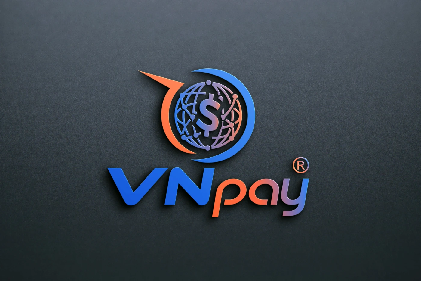 Logomarca VNpay hub de pagamentos com símbolo de globo conectado e cifrão central nas cores azul e laranja.