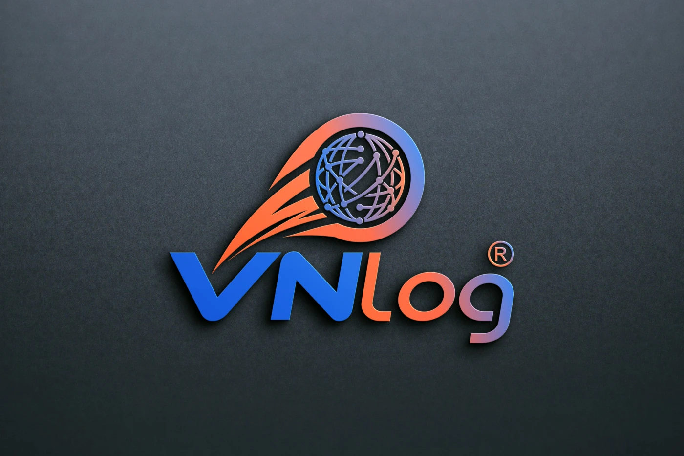 Logomarca VNLog logística com globo azul e rastro de movimento laranja em fundo escuro.