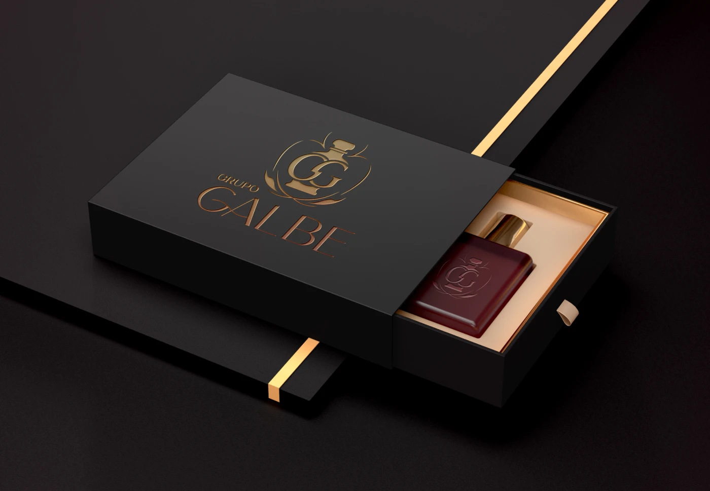 Logomarca Grupo Galbe — monograma GL em brasão dourado com frasco de perfume, aplicado em embalagem premium preta, criado pela Fox Creative para perfumaria de luxo
