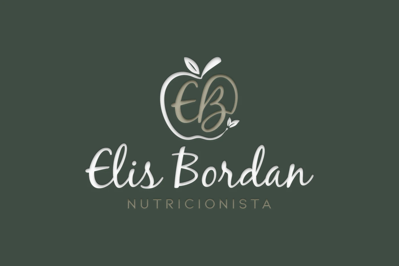 Logomarca para nutricionista Elis Bordan com símbolo de maçã, monograma EB e cores verde e dourado.