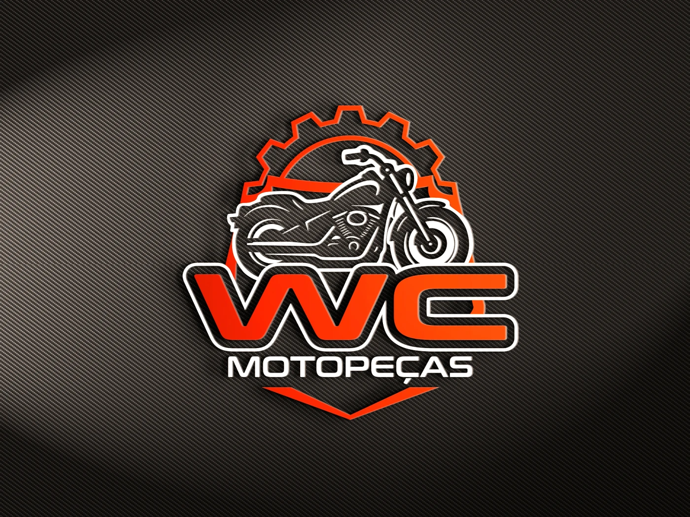 Logomarca da WC Motopeças com ilustração de moto custom e engrenagem laranja sobre fundo preto.