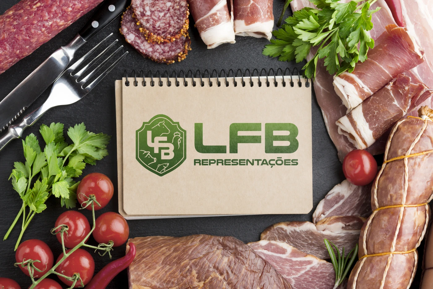 Logomarca LFB Representações — escudo verde com ícones de bovino, ave, suíno e peixe, criada pela Fox Creative para empresa de representação comercial de alimentos