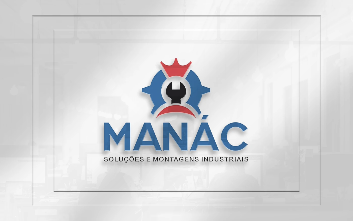 Logotipo MANÁC Soluções e Montagens Industriais — símbolo com engrenagem azul, coroa vermelha e chave de boca, criado pela Fox Creative para empresa industrial