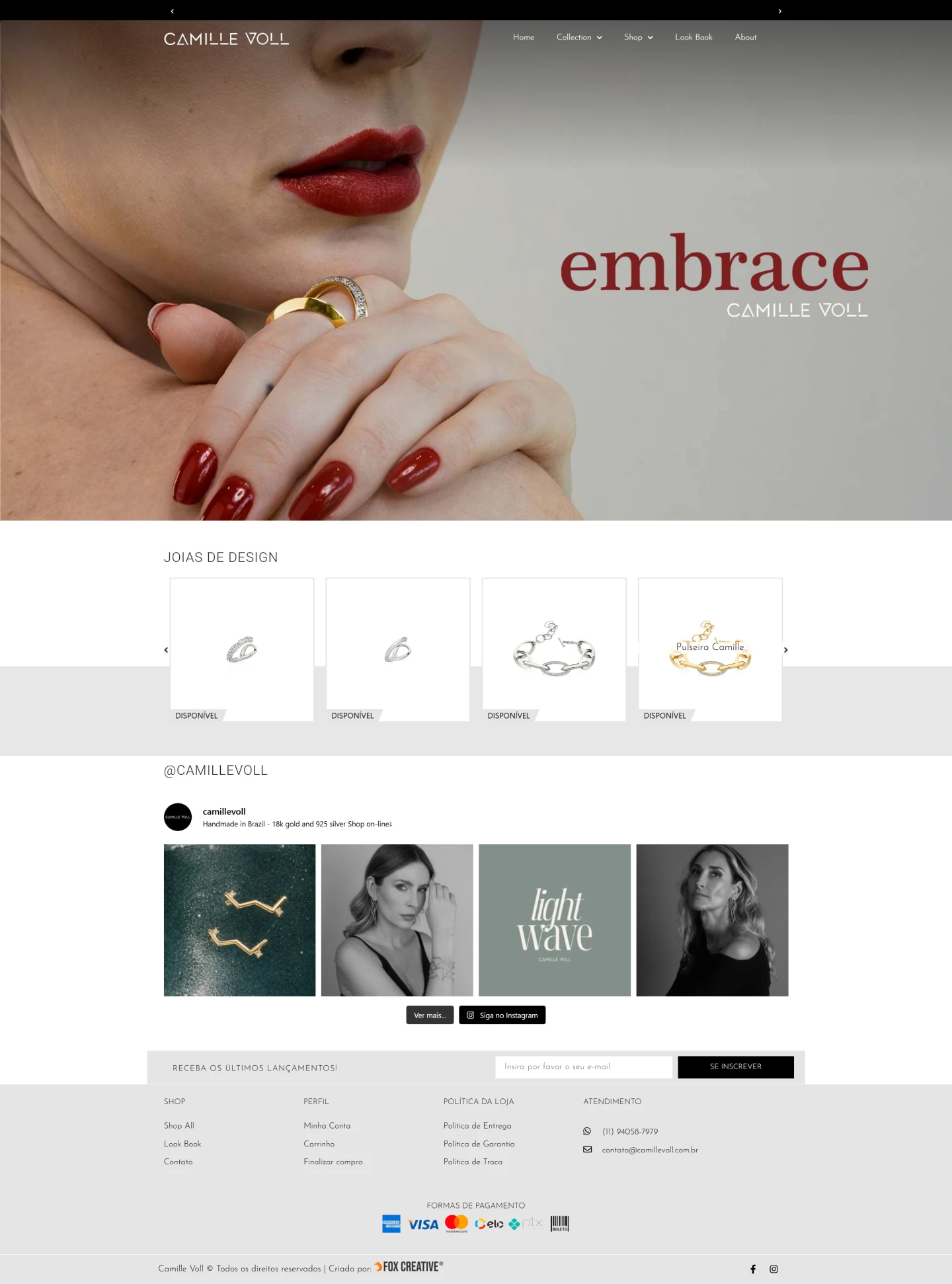 Layout responsivo da loja virtual Camille Voll mostrando joias em destaque com design minimalista.