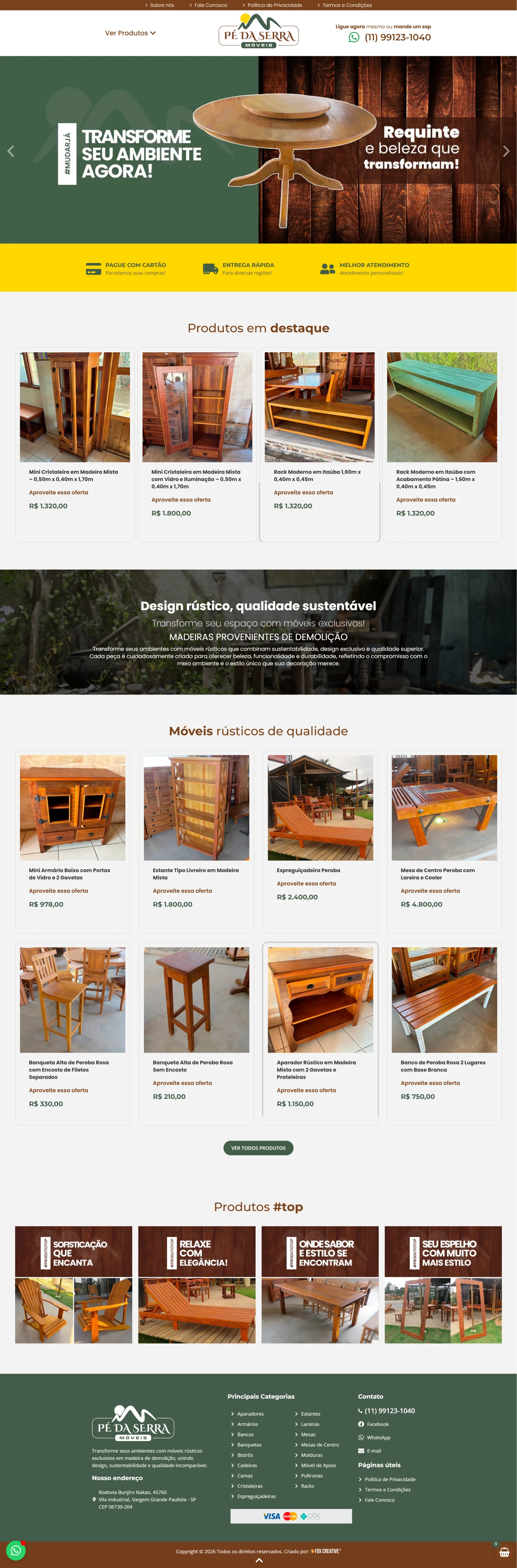 Interface da loja virtual Pé da Serra Móveis em desktop e mobile destacando móveis rústicos e design responsivo.