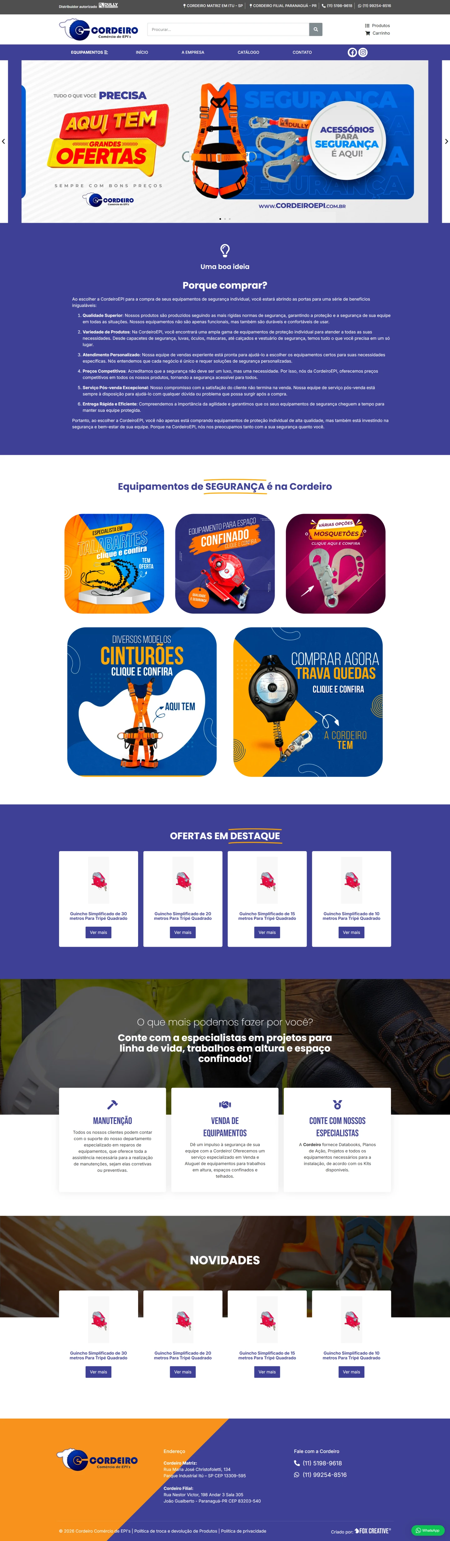 Interface da loja vitrine Cordeiro EPI com banner de ofertas e catálogo de produtos de segurança.