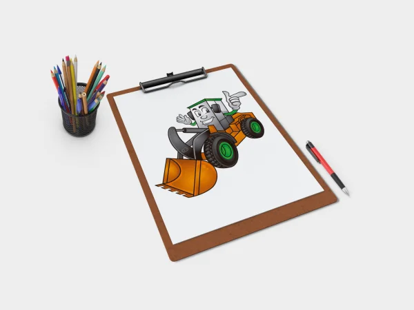 Ilustração vetorial de mascote amigável em formato de trator e pá carregadeira, desenvolvido para empresa de locação de máquinas na construção civil.