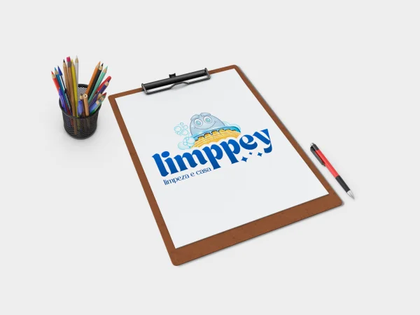 Prancheta exibindo o design de mascote em vetor plano para a empresa de limpeza Limppey, focado em minimalismo e identidade visual.