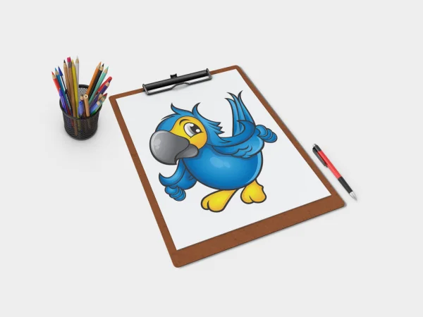 Ilustração vetorial limpa de um mascote de arara azul fazendo sinal de positivo, focado em identidade visual para energia renovável.