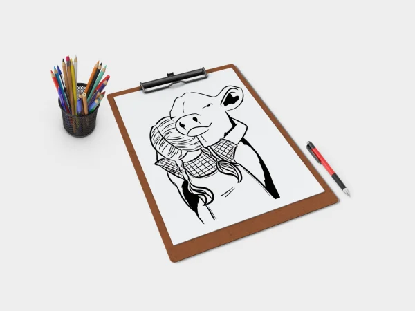 Ilustração digital vetorial em flat design de mascote para fazenda de gado leiteiro, focada em identidade visual e memorização no agronegócio.