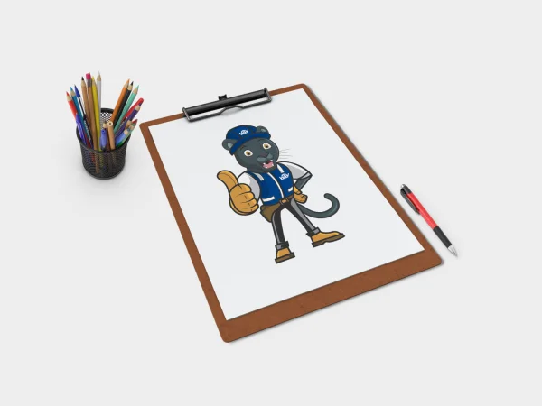 Ilustração em vetor plano de um mascote pantera negra vestindo EPIs industriais, como capacete, colete e botas, fazendo sinal de positivo.