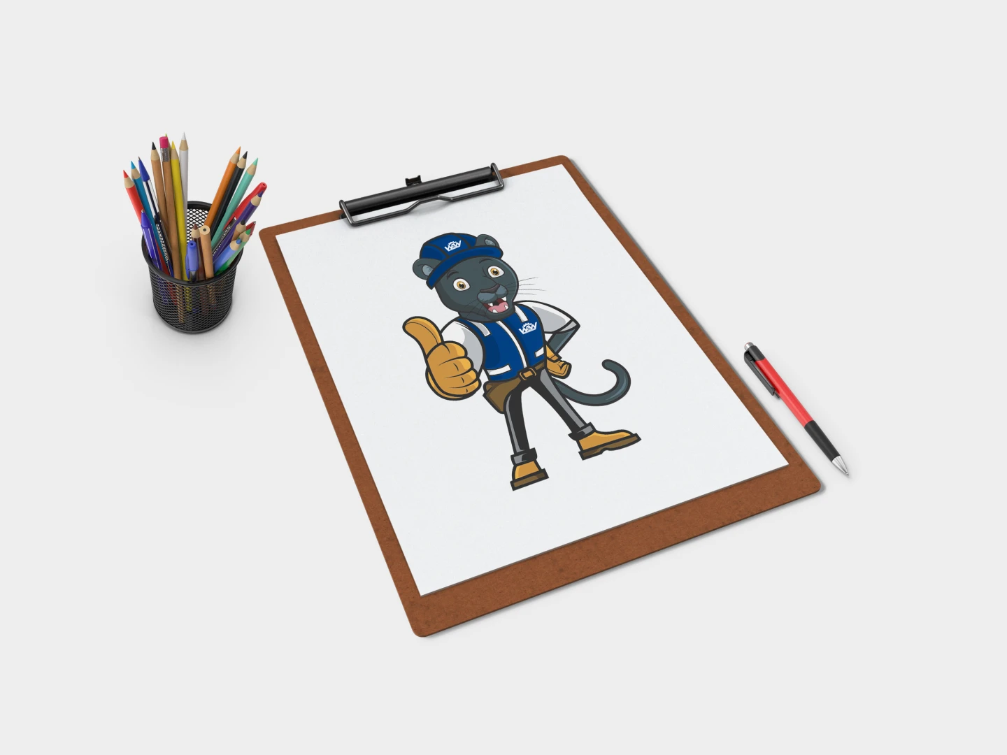 Ilustração em vetor plano de um mascote pantera negra vestindo EPIs industriais, como capacete, colete e botas, fazendo sinal de positivo.