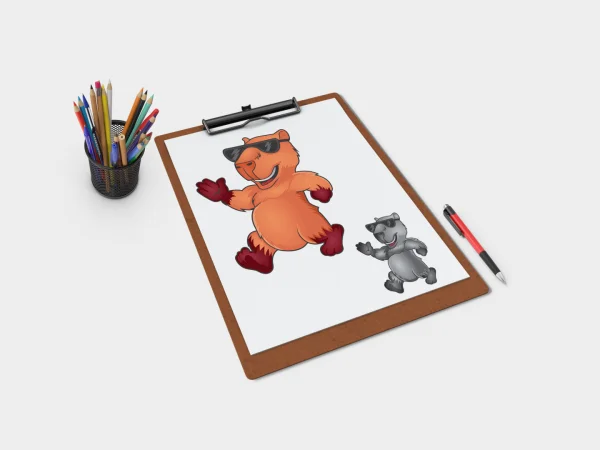 Mockup de prancheta exibindo a arte digital de um mascote de capivara com óculos escuros para loja de conveniência, acompanhado de sua versão estrutural em tons de cinza.