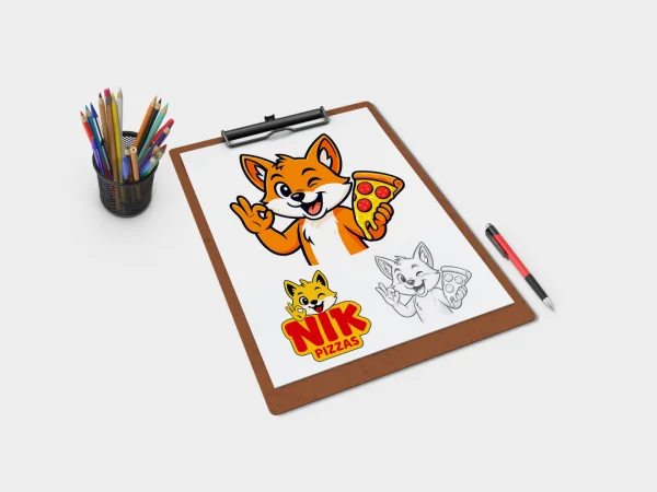 Mockup de prancheta exibindo o design de um mascote de raposa para a pizzaria Nik Pizzas, com versões em traço, colorida e aplicada ao logotipo.