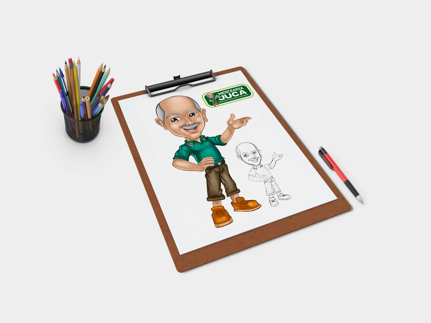 Ilustração digital de mascote para varejo, mostrando um senhor amigável de camisa verde ao lado de seu esboço estrutural, focado em identidade visual.