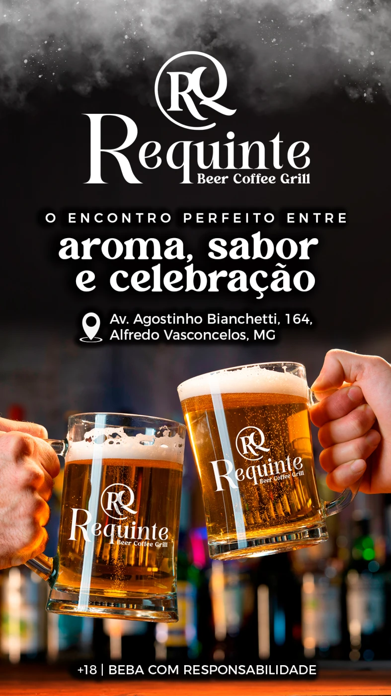 Arte de stories para Instagram da cafeteria Requinte com brinde de copos de cerveja e design premium.