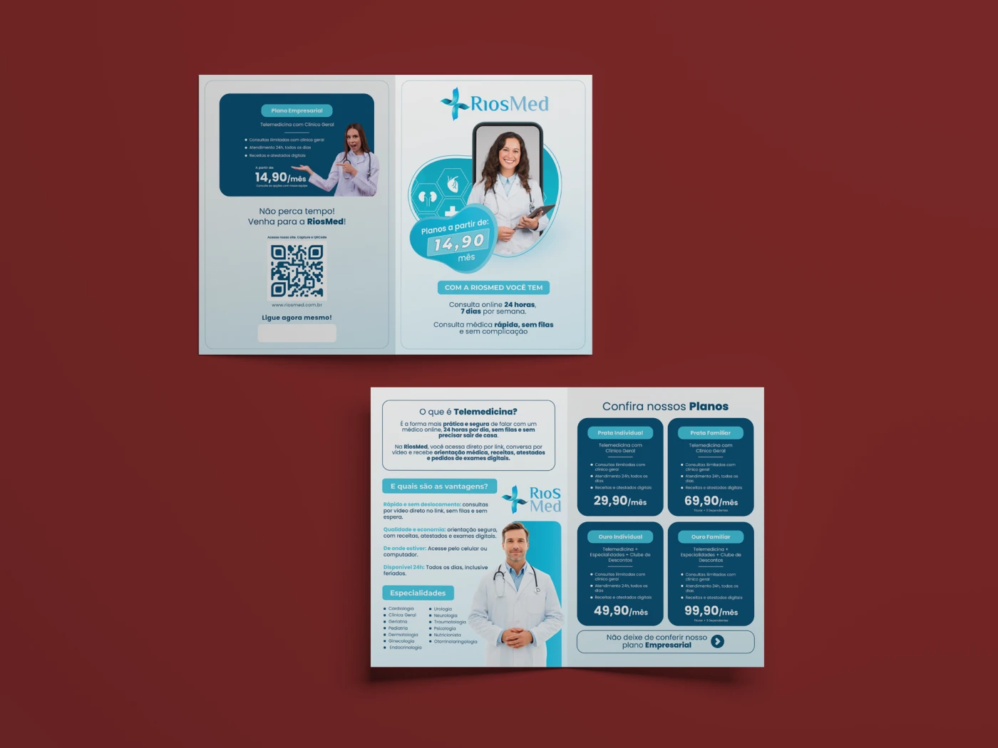 Arte para panfleto médico do consultório Rios Med com design profissional e moderno.