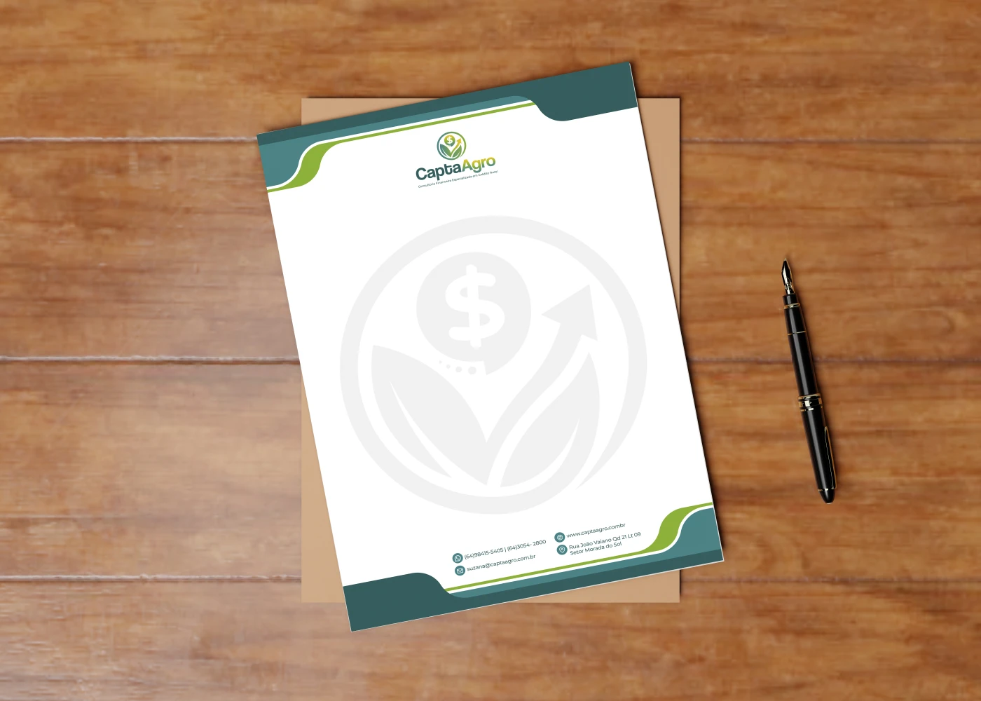 Arte de papel timbrado profissional para a Capta Agro com detalhes em verde e marca d'água institucional.