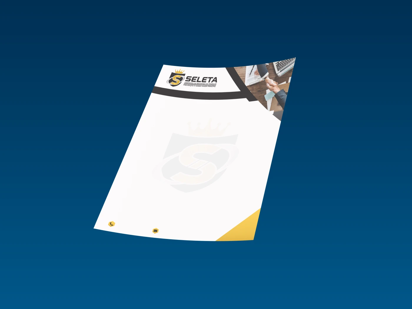 Arte digital de papel timbrado para Seleta Assessoria com cabeçalho moderno em preto e amarelo e marca d'água institucional.