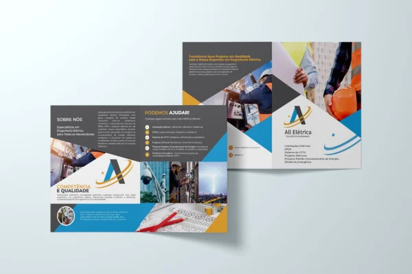 Design de portfólio empresarial impresso e digital aberto exibindo a identidade visual corporativa desenvolvida para empresa de engenharia elétrica All Elétrica.